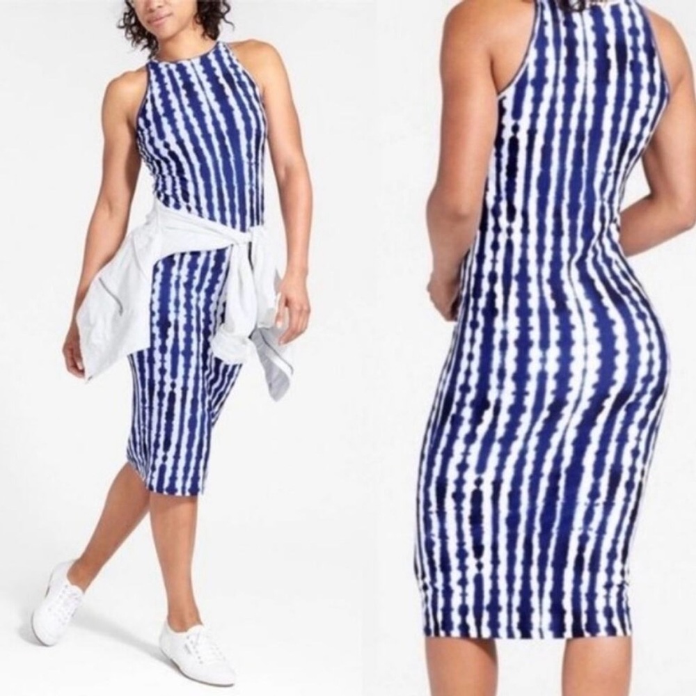 Athleta Tidal Midi Dress blue white tie-dye pattern size large